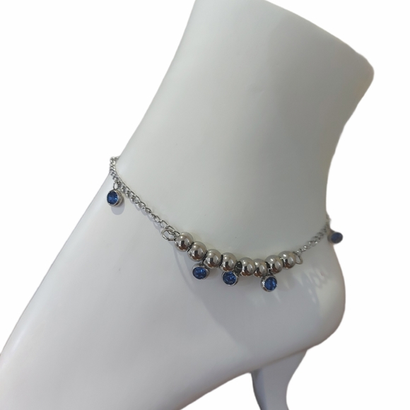 Blue CZ Anklet Rhodium Plated,316L S.Steel - Picture 1 of 9